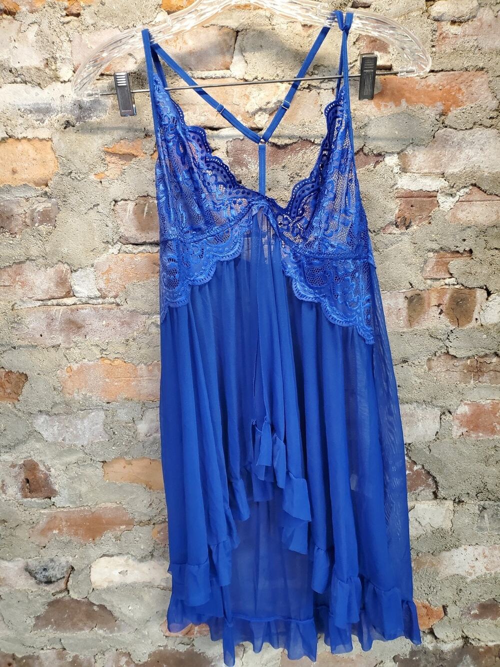 Donnalla Womens Babydoll Lingerie Set M Royal Blue Lace Sheer Nightwear Thong